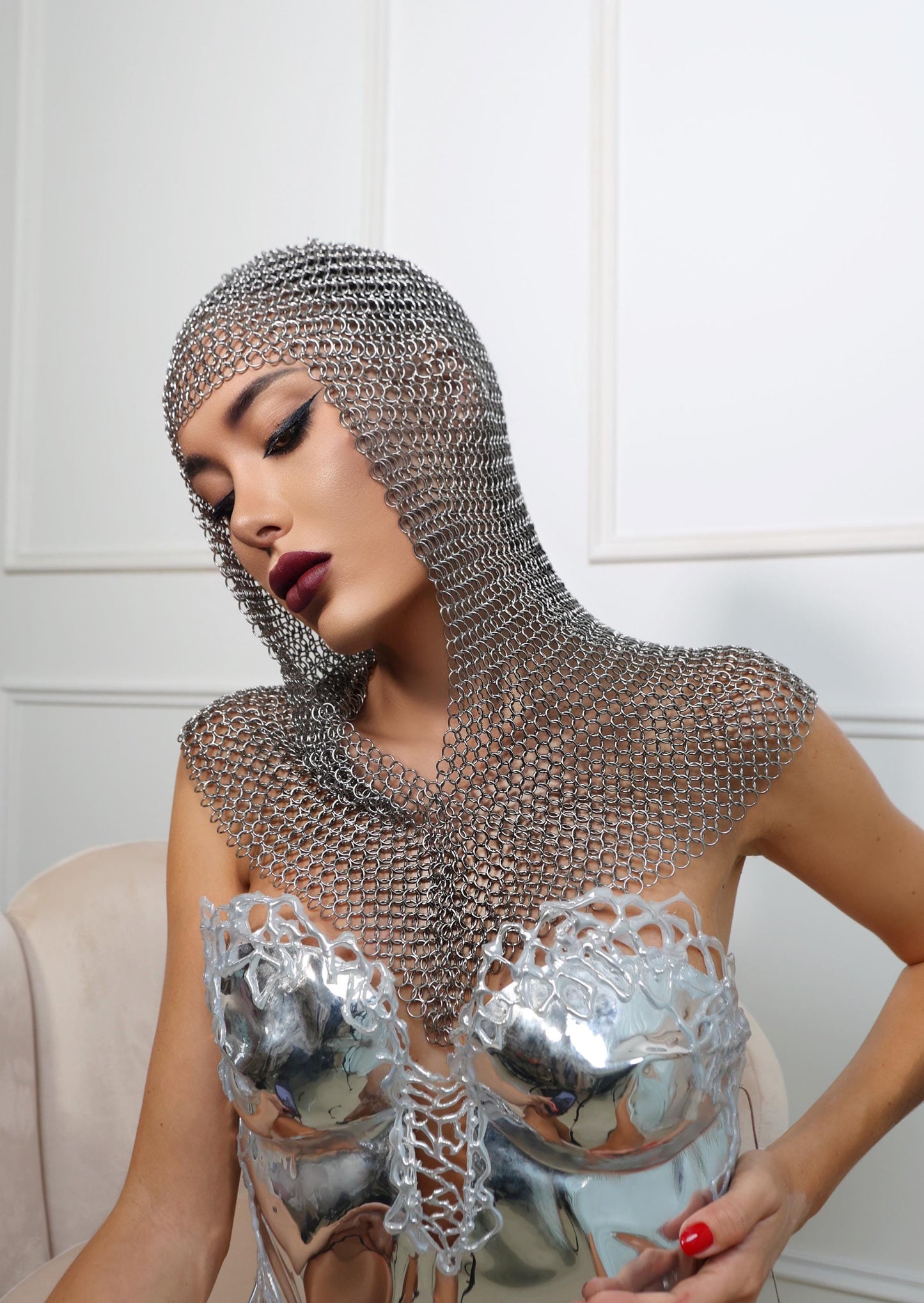 Silver chainmail headpiece