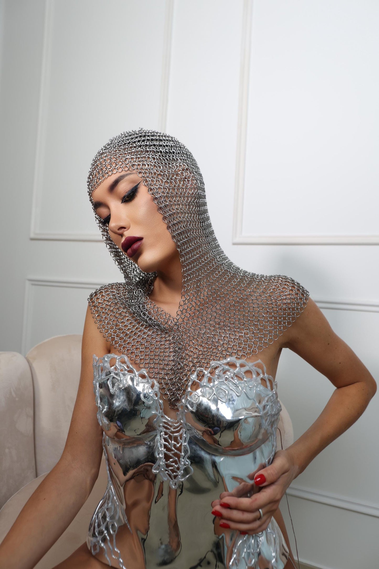 Silver chainmail headpiece