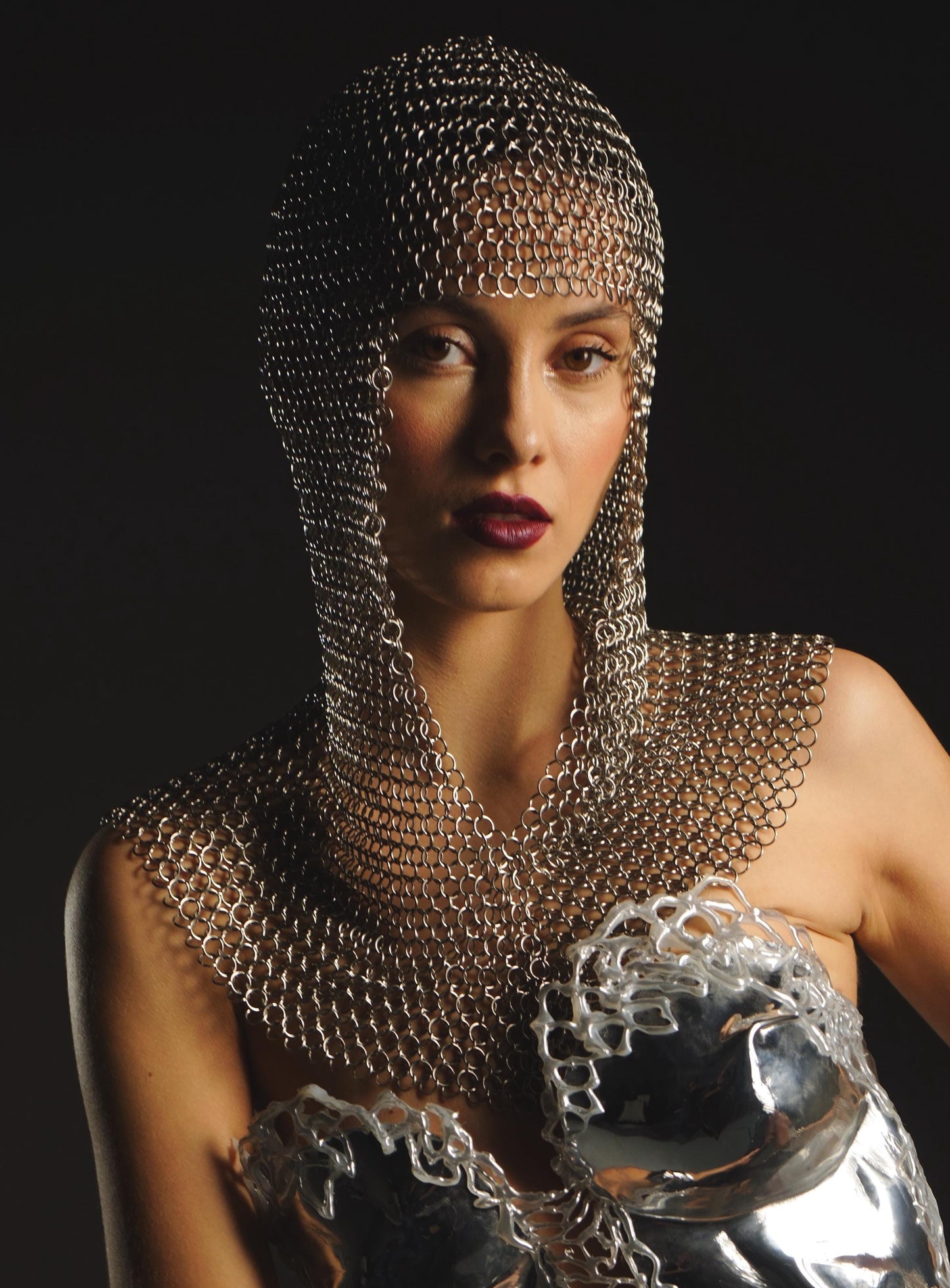 Silver chainmail headpiece