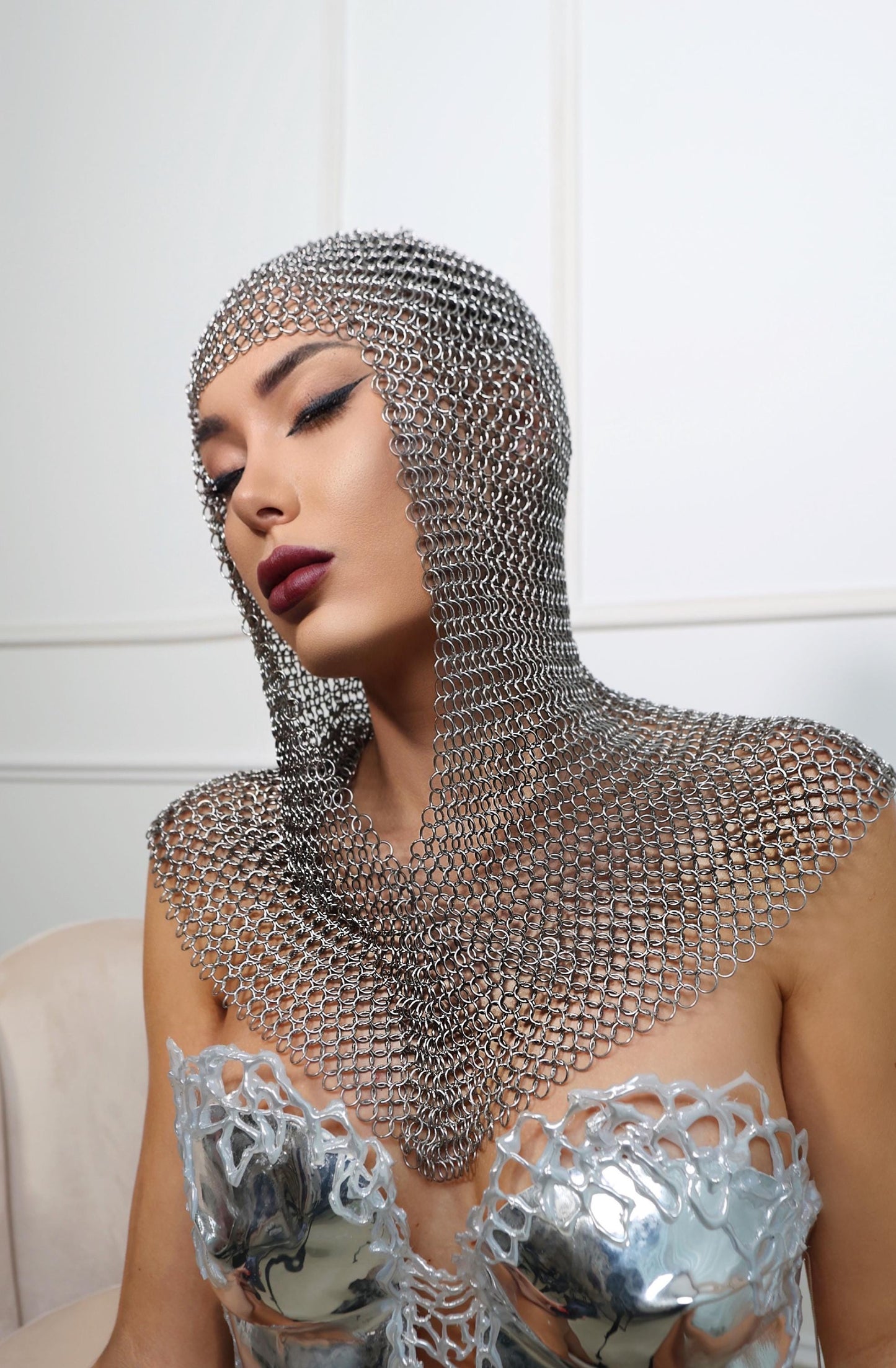 Silver chainmail headpiece