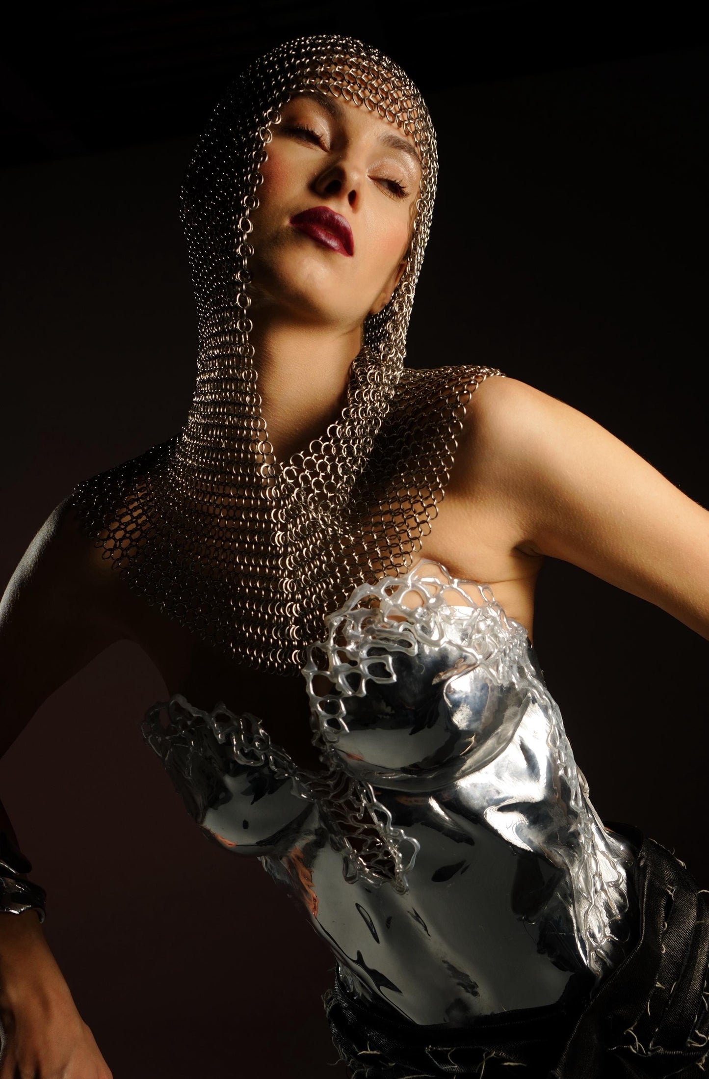 Silver chainmail headpiece
