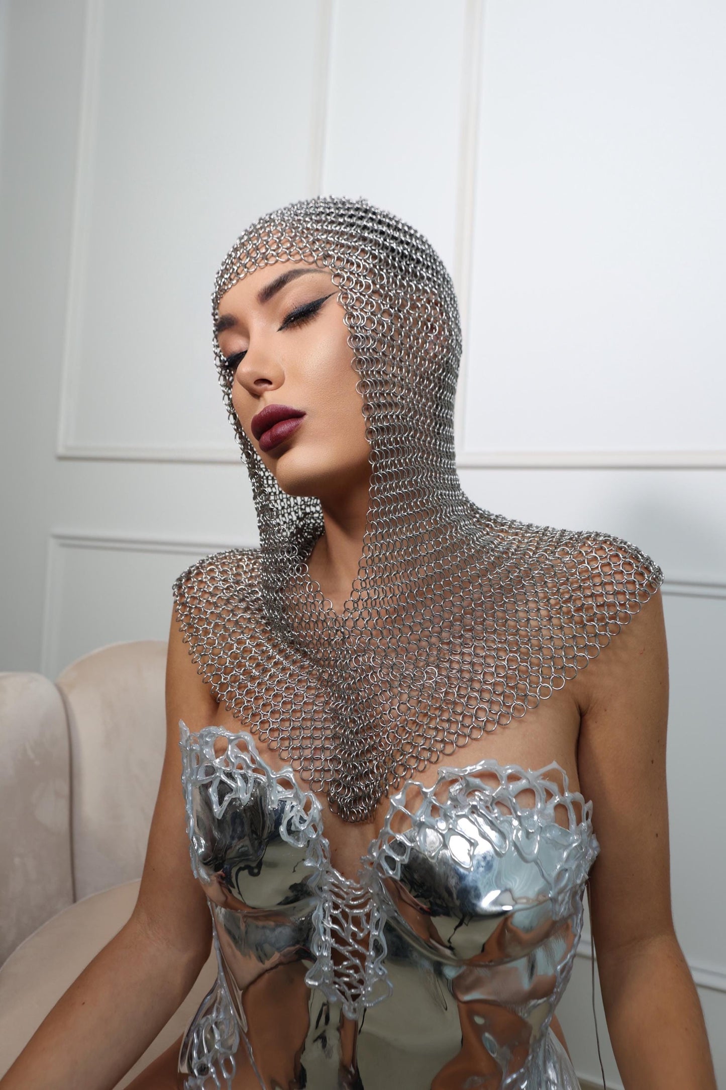 Silver chainmail headpiece