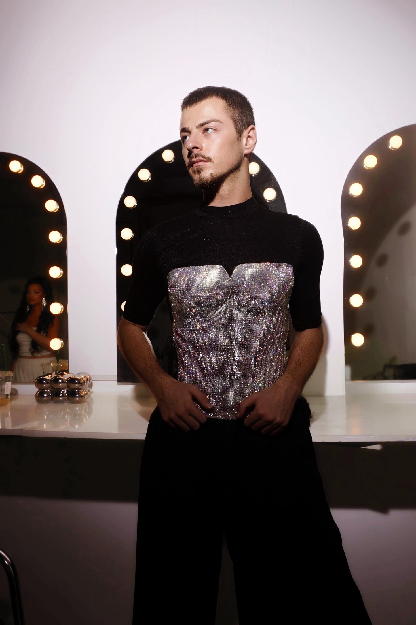 Men’s silver corset top Rhinestone