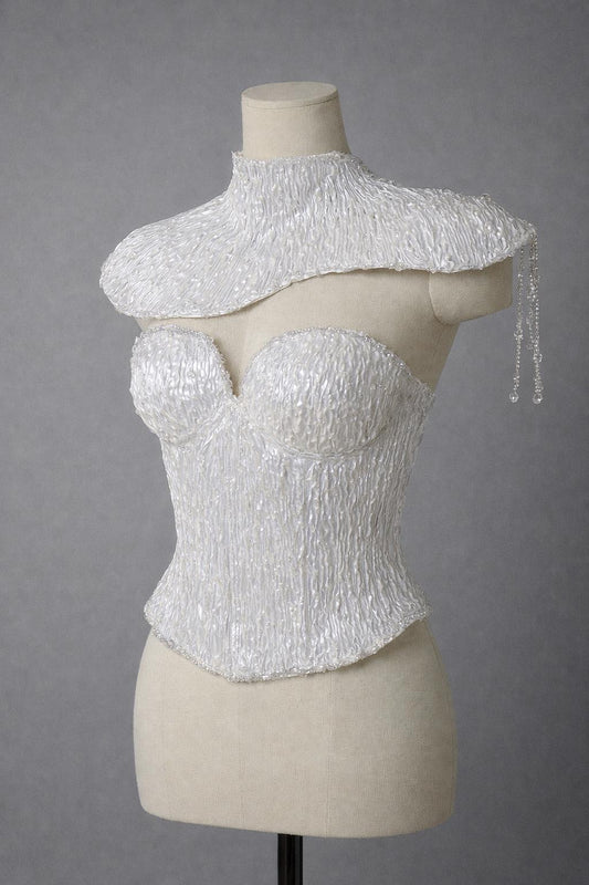 Pearl finish corset top with collar, bridal corset, pearl bustier, wedding corset top, couture pearl bodice, statement pearl corset